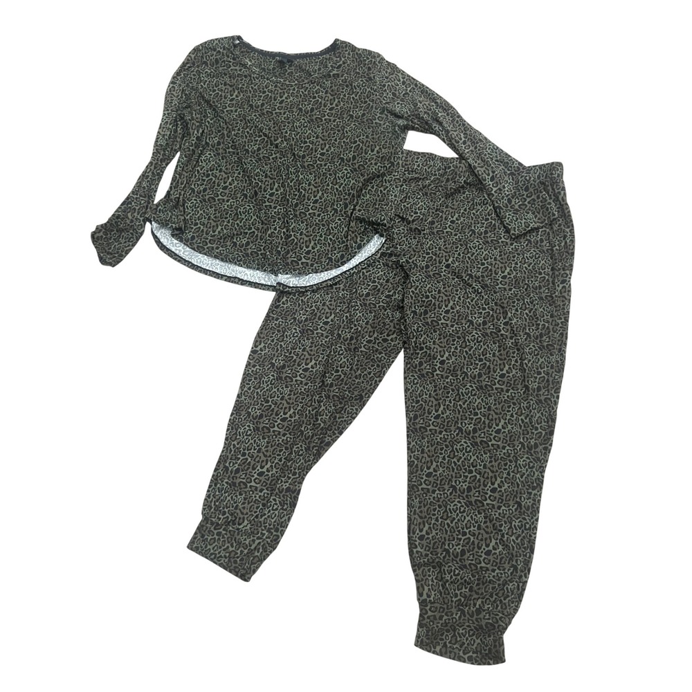 Cynthia Rowley Pajama Set Womens 2X Top Joggers Olive Leopard Print Lounge Cozy